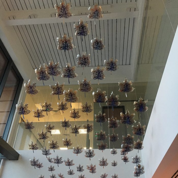 Glass or plastic leaves hanging in the gallery hall