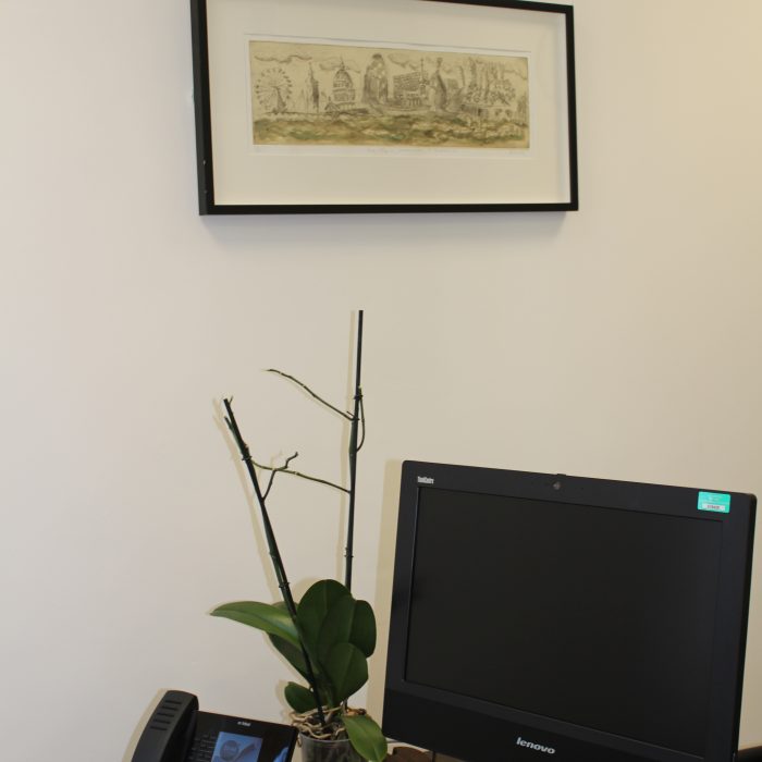 An office wall with a framed picture