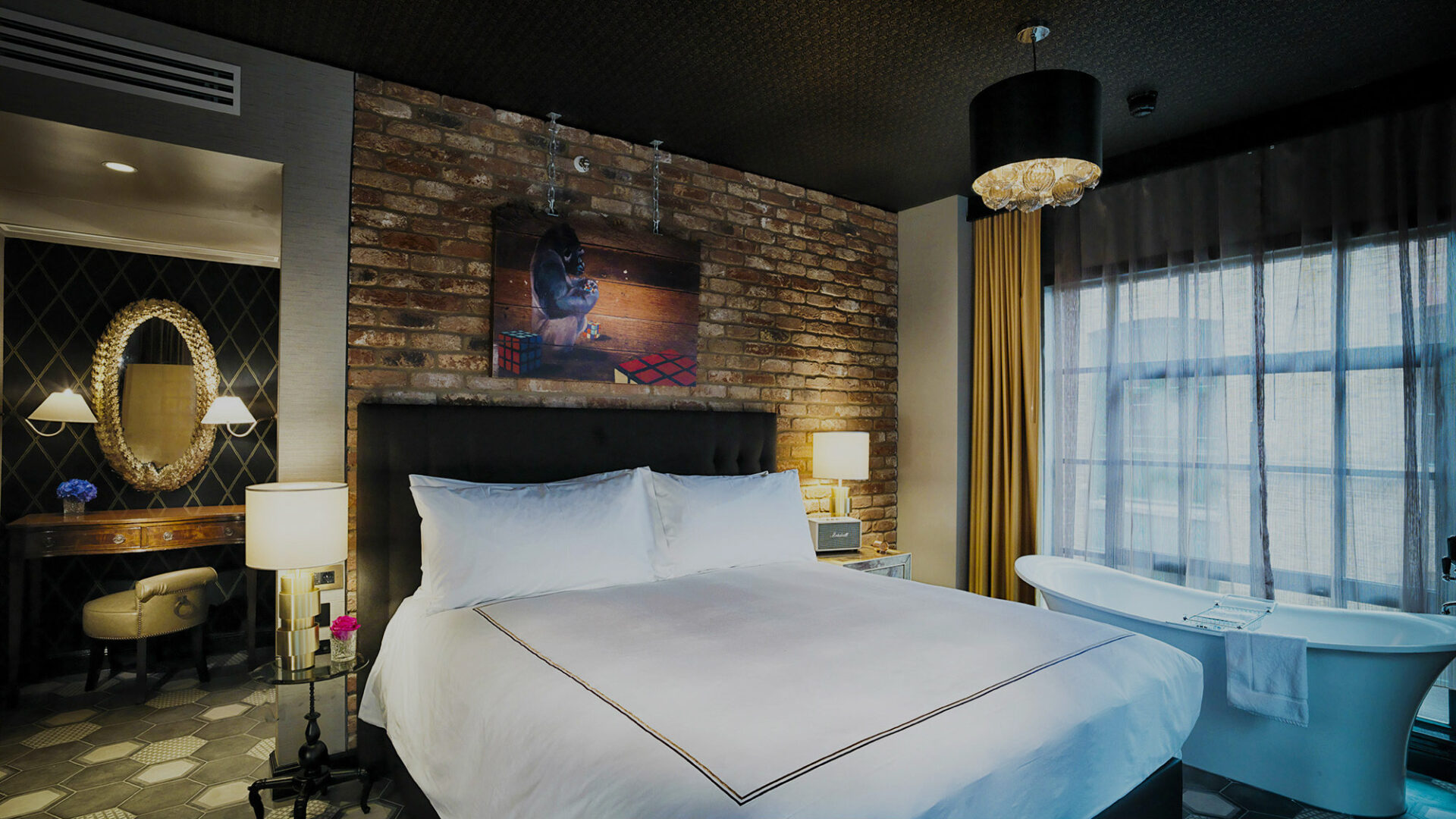 A bedroom with a bath